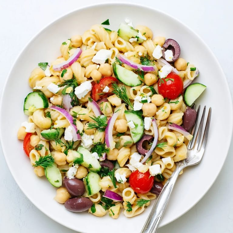 A vibrant bowl of lemon herb chickpea pasta salad with parsley, dill, and mint, ready for a summer picnic or light vegetarian lunch.