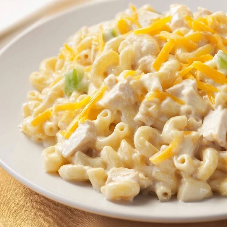 Green Chili Chicken Mac served hot, garnished with fresh cilantro and optional jalapeño slices, paired with a crisp side salad.