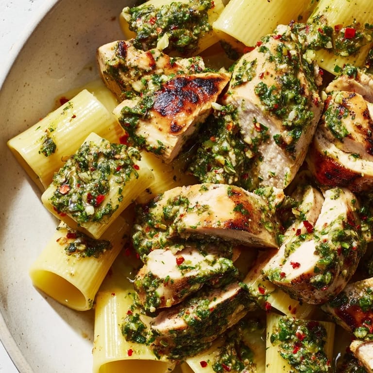 Close-up of Chimichurri Chicken Pasta with herby oil drizzle and a sprinkle of fresh parsley.  