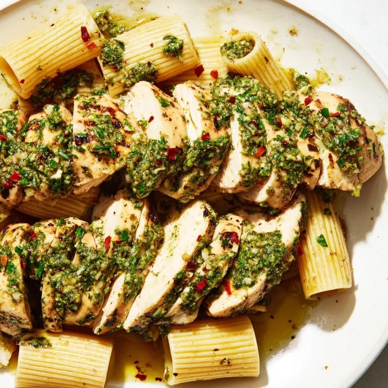 Serving suggestion for Chimichurri Chicken Pasta with lemon wedges and colorful garnish on a rustic table.