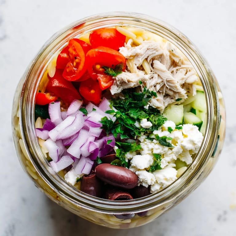 Topped with parsley and olives, these Greek Pasta Chicken Salad Jars showcase fresh Mediterranean ingredients for a vibrant salad.