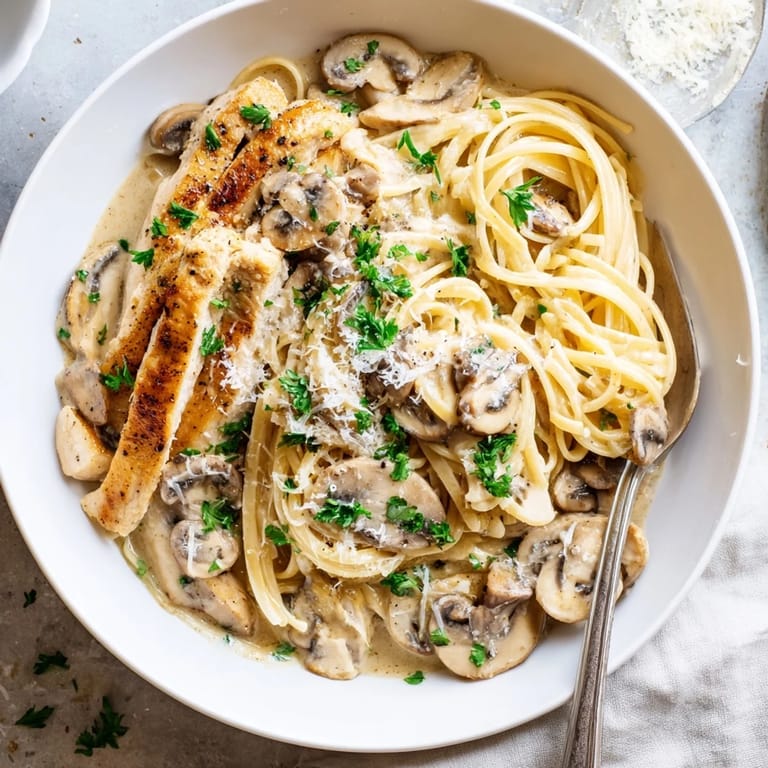 Creamy Mushroom Chicken Spaghettini features sautéed mushrooms and spinach tossed with pasta in a light Parmesan cream sauce.