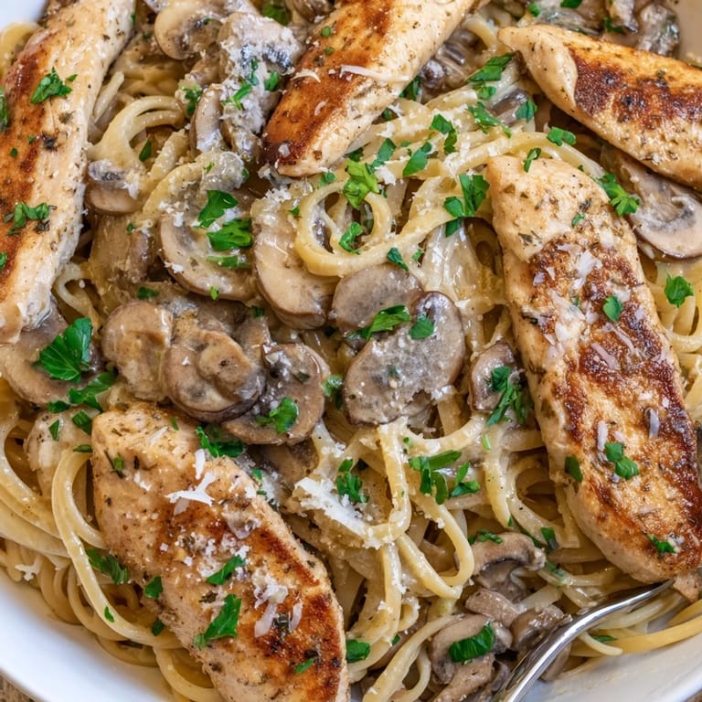 Comforting Creamy Mushroom Chicken Spaghettini, garnished with fresh parsley and extra Parmesan, ready for a cozy weeknight dinner.