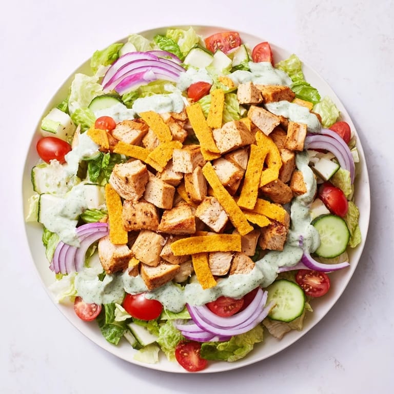 A bowl of Jalapeño Ranch Chicken Salad topped with crunchy tortilla strips and diced cucumbers, ready to serve for lunch.