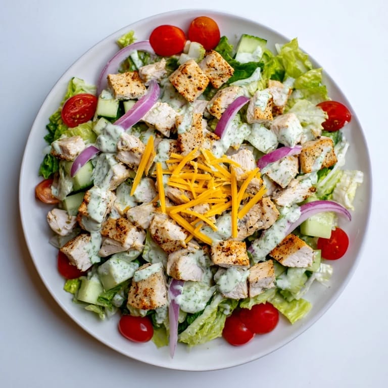Spicy, zesty Jalapeño Ranch Chicken Salad tossed with cheddar cheese, cherry tomatoes, and vibrant cilantro, drizzled with creamy dressing.