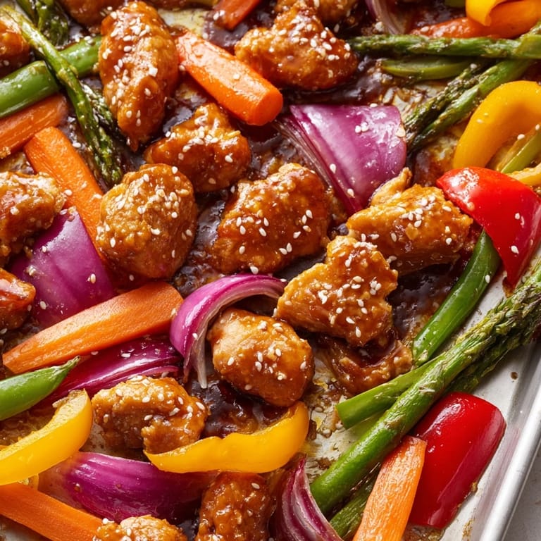 Colorful roasted chicken, bell peppers, asparagus, and carrots on a sheet pan, garnished with fresh parsley and sesame seeds.