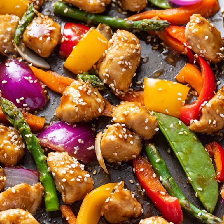 Juicy chicken and crisp spring vegetables with a glossy honey garlic sauce, ready to be enjoyed with a side of rice.