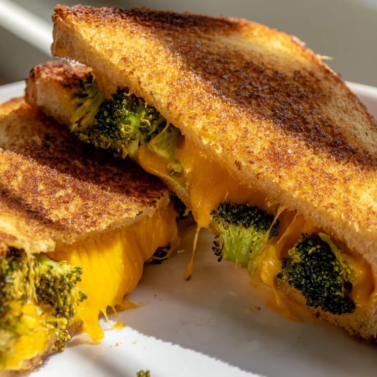 Buttery bread holds gooey cheddar and caramelized broccoli florets, served hot and cut in half on a wooden board.