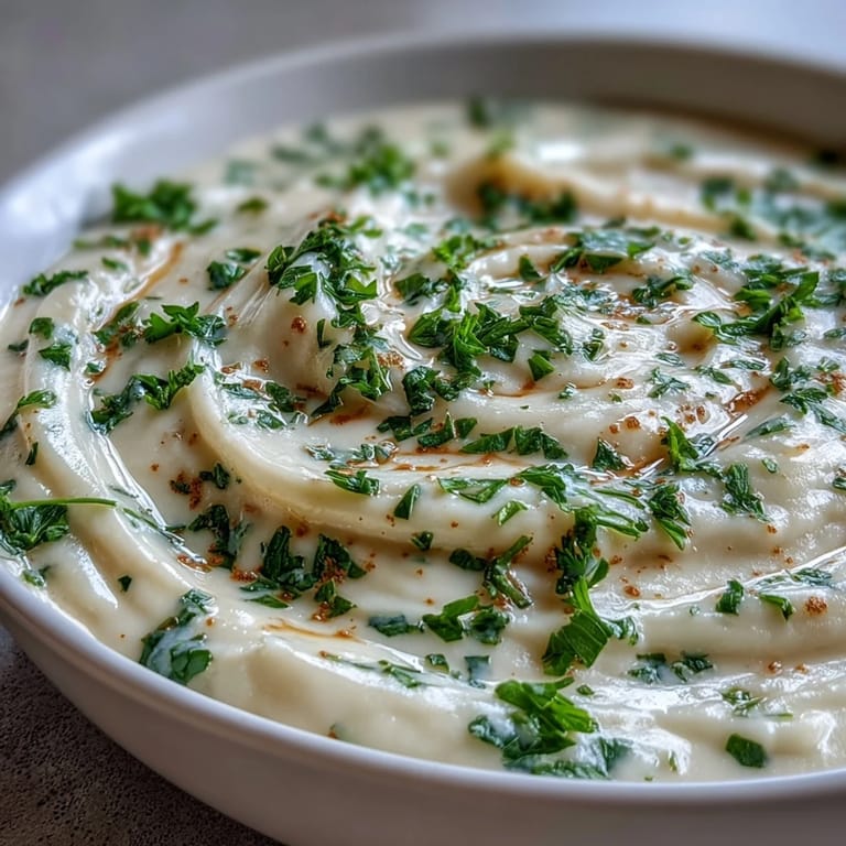 A comforting bowl of parsnip and herb soup, blended smooth and topped with vibrant green herbs and black pepper.