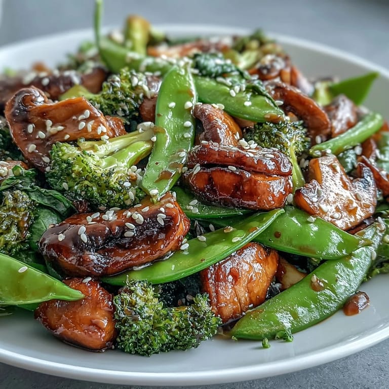 Crisp broccoli, carrots, and snap peas tossed in a fragrant ginger stir-fry, garnished with toasted sesame seeds and green onions.
