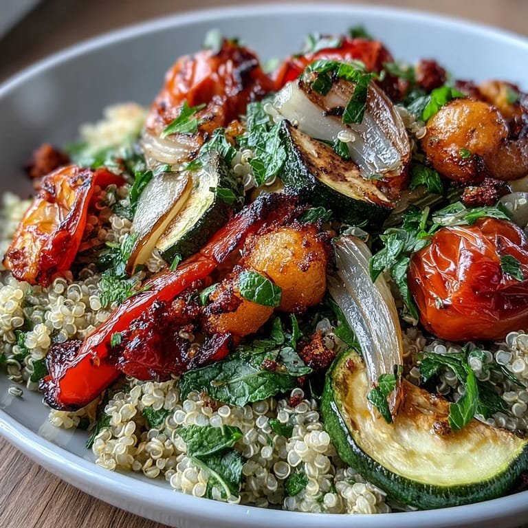 Vibrant vegetarian quinoa pilaf featuring colorful roasted vegetables, fresh mint, and a bright squeeze of lemon juice.  