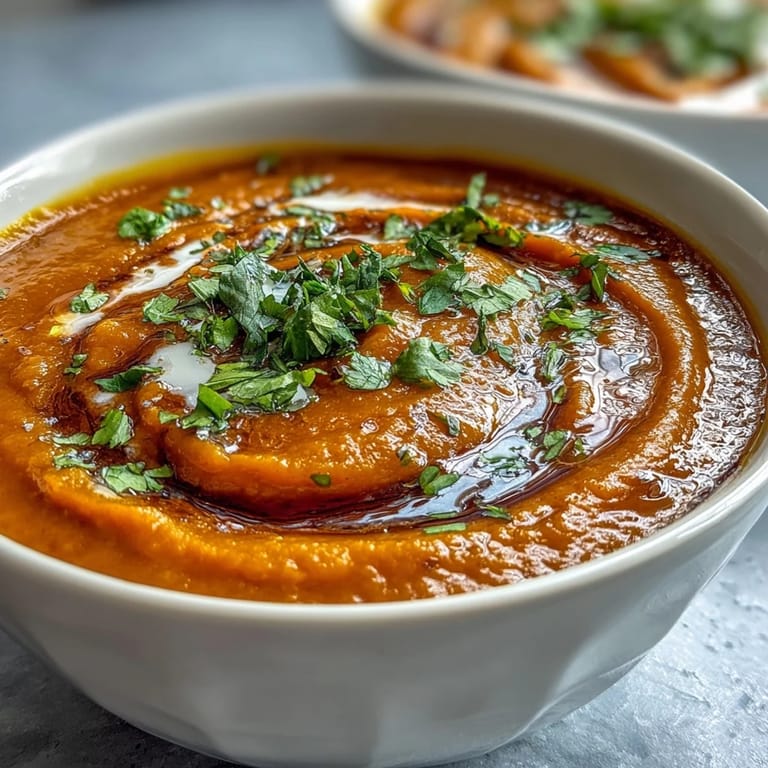 Close-up of homemade Carrot Ginger Soup, highlighting the bright orange color and fresh ginger garnish on a wooden table.