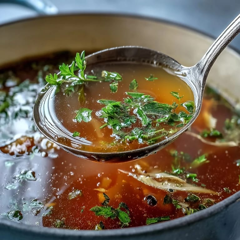 Pouring strained vegetable broth from scraps into a bowl over fresh parsley garnish.