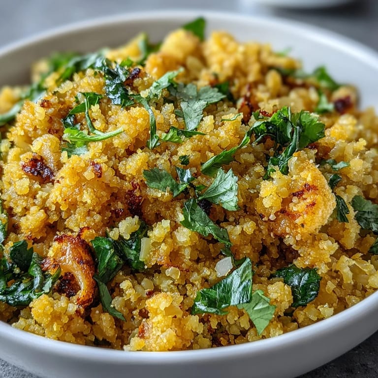 Steaming Turmeric Cauliflower Rice sizzles in a skillet, mixed with minced onion and garlic for a fragrant side dish. 