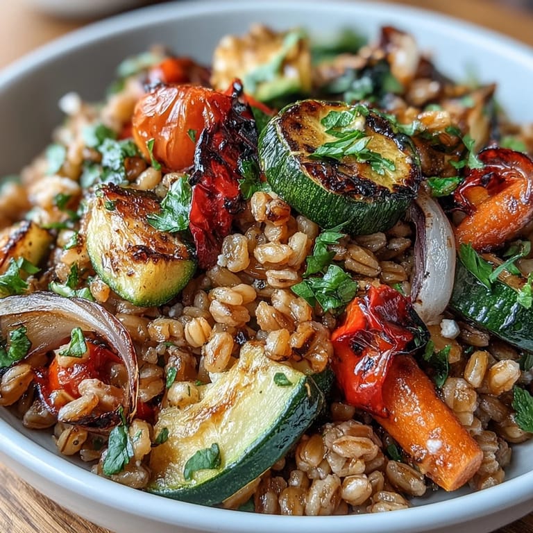 Farro With Roasted Vegetables served warm, showcasing golden roasted carrots and red onion wedges mixed with chewy whole grains, ready for a healthy dinner.  