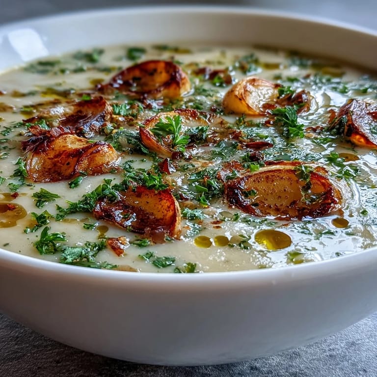 A steaming bowl of homemade roasted garlic soup, with smooth texture and a swirl of fresh olive oil.