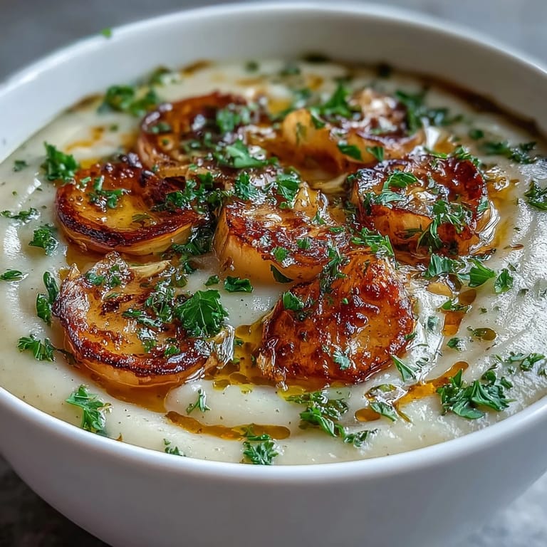 Roasted garlic soup served in a white ceramic mug beside crusty bread, perfect for a cozy lunch.