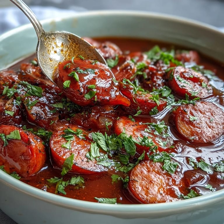 A slow cooker filled with savory Crock Pot BBQ Cocktail Sausage Soup, featuring sweet apricot jam and smoky barbecue aromas.