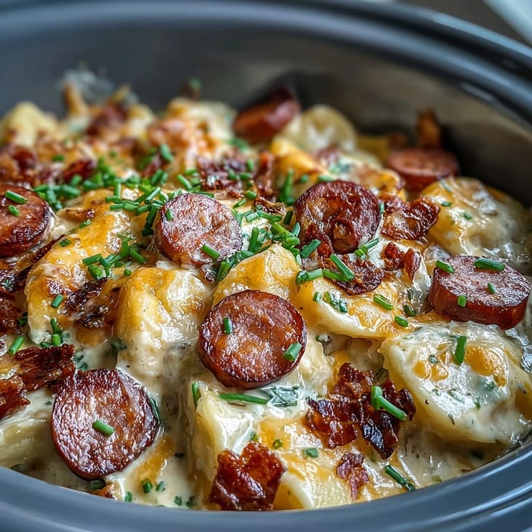 Layers of pillowy pierogi and smoky kielbasa in a creamy, cheesy sauce for a cozy family dinner.
