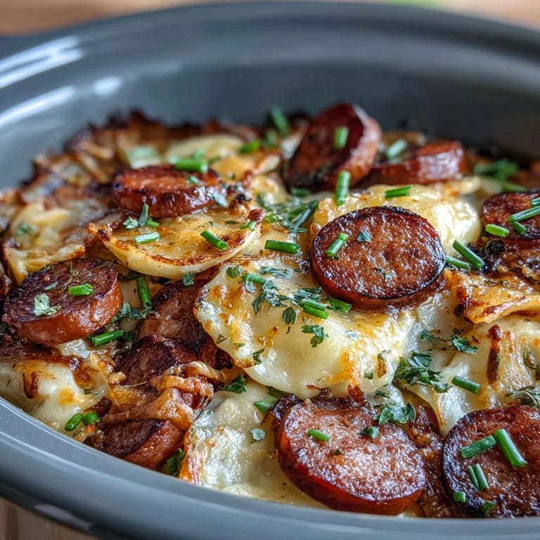 Slow cooker Crockpot Pierogi Casserole With Kielbasa garnished with fresh chives and ready to serve with salad.
