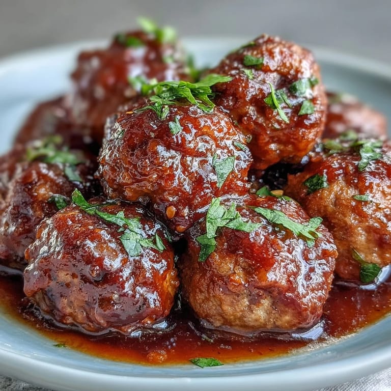 Tender Slow Cooker Peach Glazed Meatballs in a rich, glossy peach and chili sauce, ready to serve over fluffy white rice for dinner.