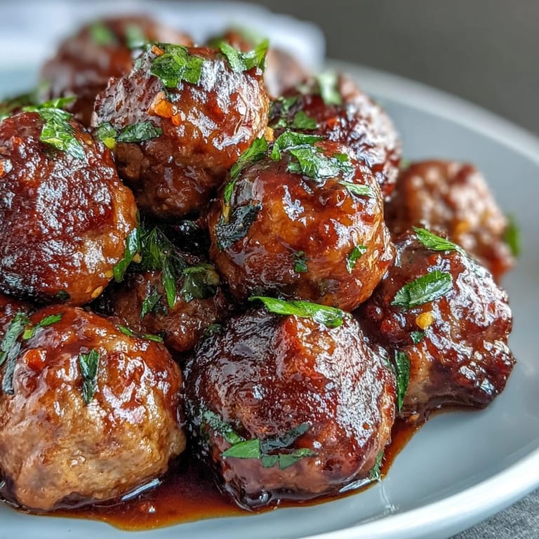 A close-up of golden-brown Slow Cooker Peach Glazed Meatballs coated in sticky, vibrant glaze with a sprinkle of red pepper flakes.