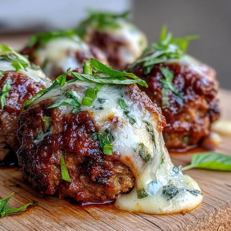 A close-up of tender meatballs in thick marinara sauce, garnished with basil and ready to serve.