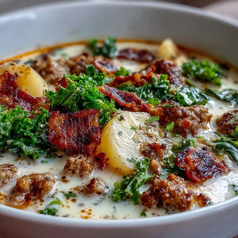 Rich and creamy Italian Sausage Soup in a white bowl, featuring sausage, potatoes, and kale.
