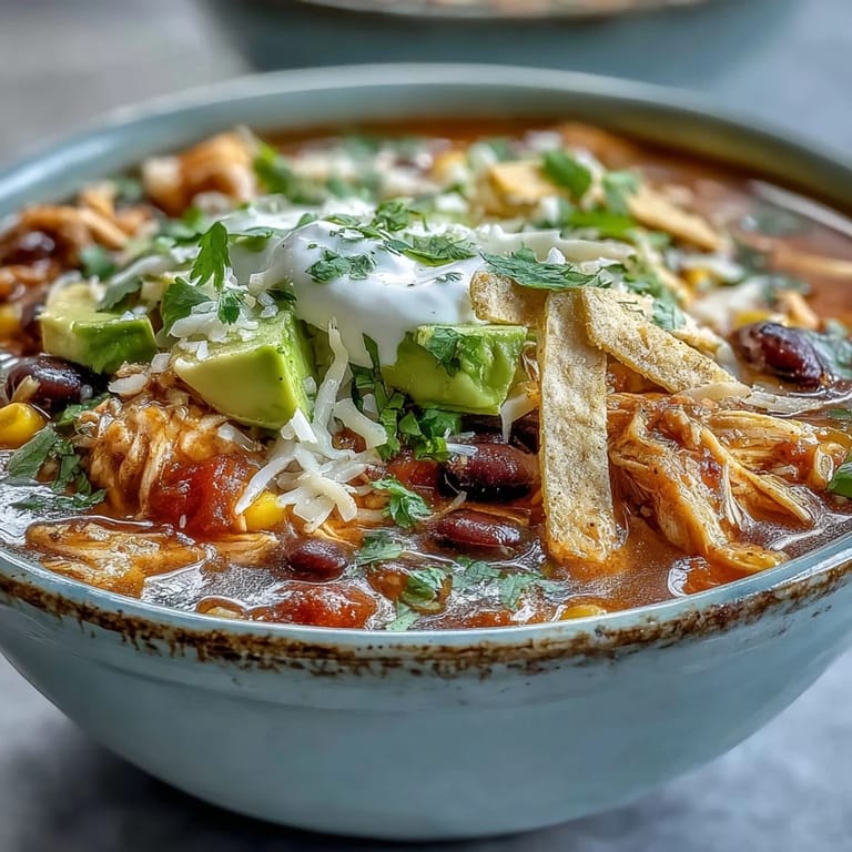 The vibrant red broth of Instant Pot Chicken Tortilla Soup is filled with tender shredded chicken, black beans, and colorful bell peppers.
