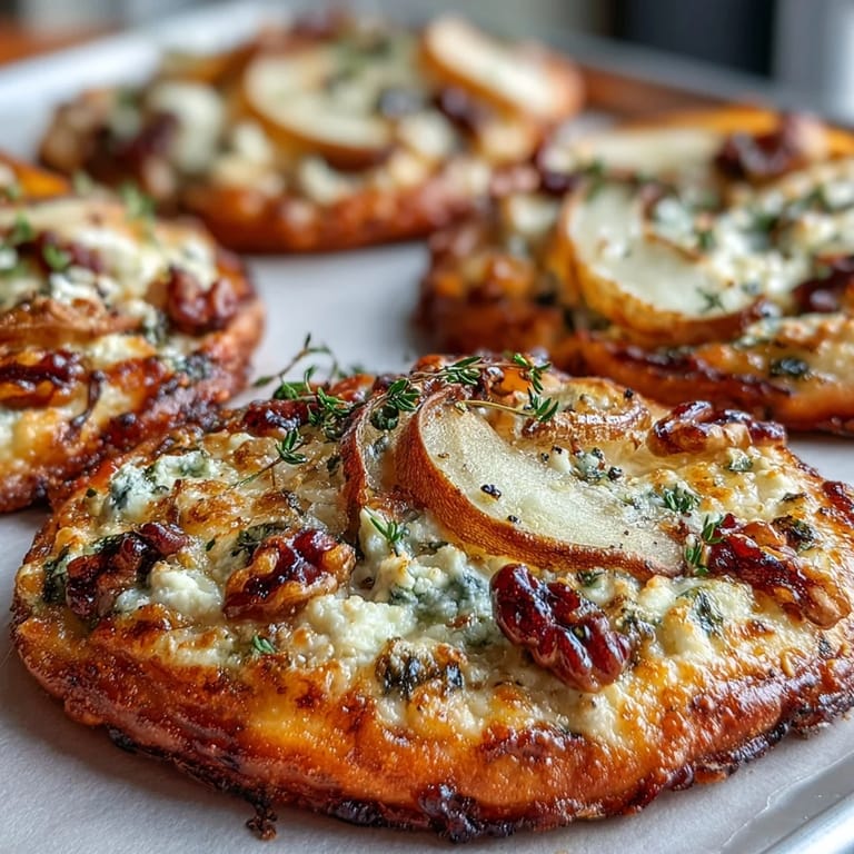 A bright overhead shot of mini Pear, Gorgonzola, and Pickled Walnut Pizzettes served on a platter with fresh arugula