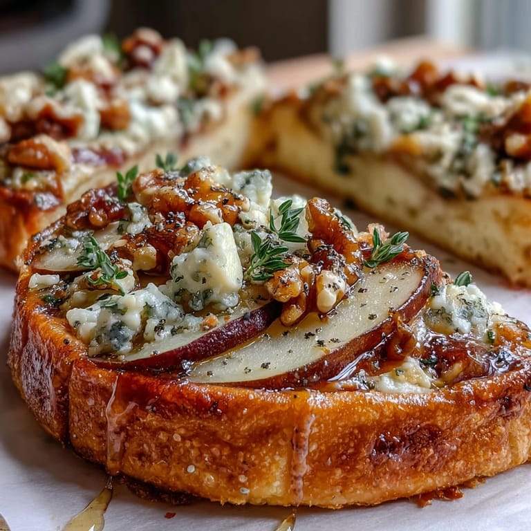 Perfectly baked round Pear, Gorgonzola, and Pickled Walnut Pizzettes with melted cheese and drizzled honey