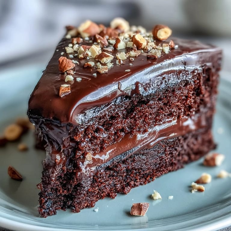 This rich Chocolate Celebration Cake features a moist olive oil crumb and a decadent, glossy chocolate ganache coating.