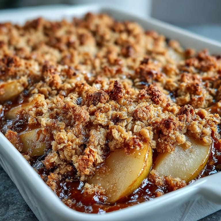 Rustic Pear Crumble served in a bowl with vanilla ice cream melting on top.