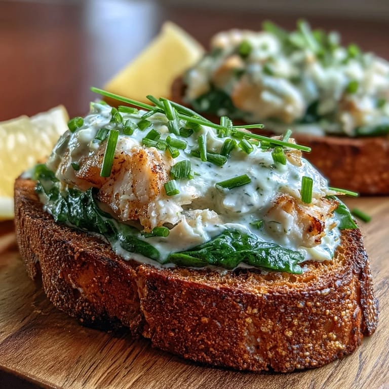 A close-up of smoked haddock and spinach rye toasts, garnished with chives and served with lemon wedges.