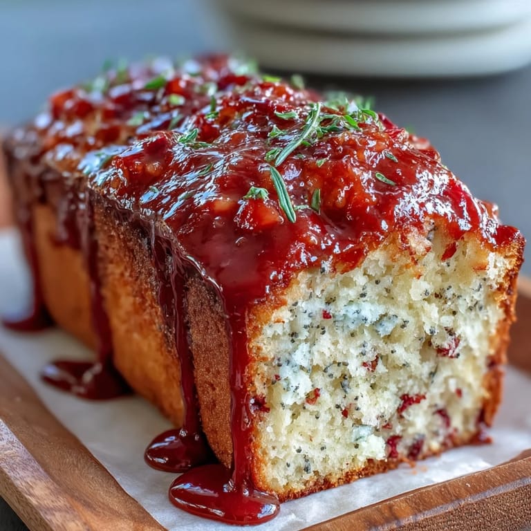 A moist Blood Orange Loaf Cake with marzipan and poppy seeds, drizzled with glaze on a marble slab.