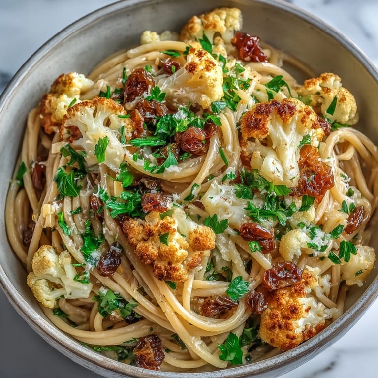 Savory Cauliflower, Anchovy and Raisin Spaghetti is garnished with fresh parsley and lemon zest on a rustic plate.