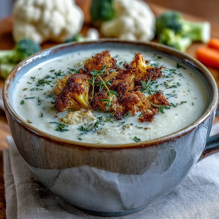 Healthy vegetarian cauliflower and broccoli soup served in a rustic bowl with a side of crusty bread.
