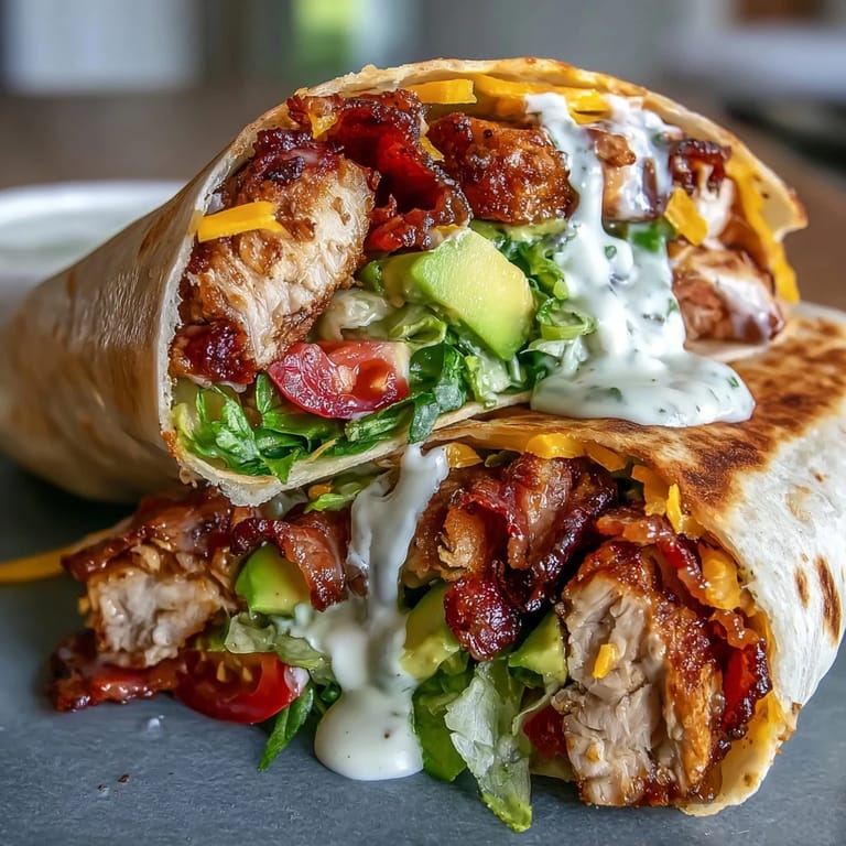 Handheld Crispy Chicken Bacon Wrap served with creamy dipping sauce and lemon wedges, perfect for a quick and satisfying lunch.