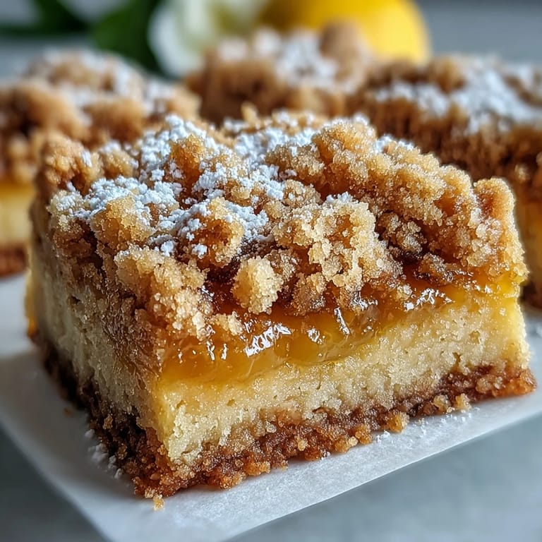 A fork lifts a bite from a Homemade Lemon Crumb Bar, revealing tender lemon filling and buttery crumble layers against a soft blue backdrop.