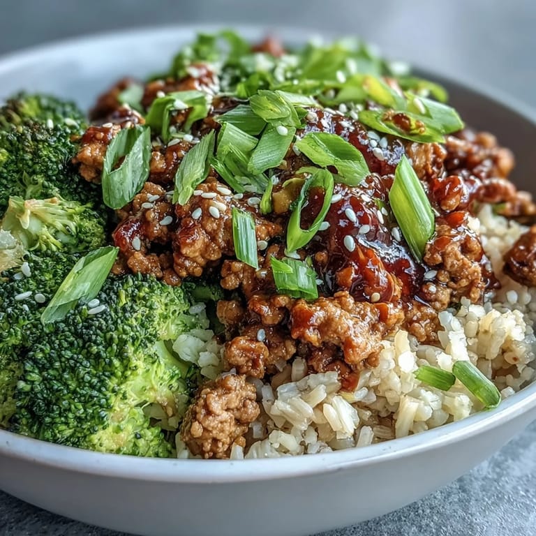 Savory Sweet and Spicy Turkey Broccoli Bowls served with steamed broccoli and brown rice, garnished with green onion and sesame seeds.