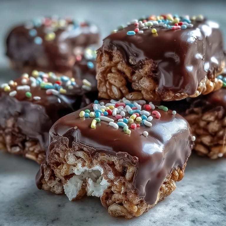Close-up of Chocolate Covered Rice Krispy Treats showing a thick chocolate shell and crispy marshmallow interior, cut into neat squares ready to serve.
