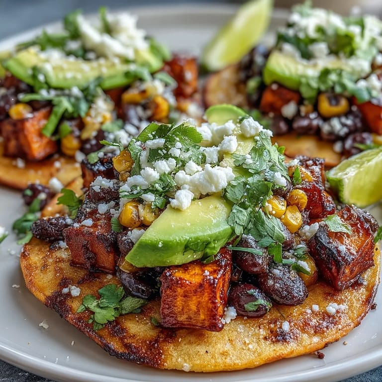 Golden tostada shells hold smoky, spiced sweet potatoes and hearty black beans, ready for a drizzle of hot sauce.
