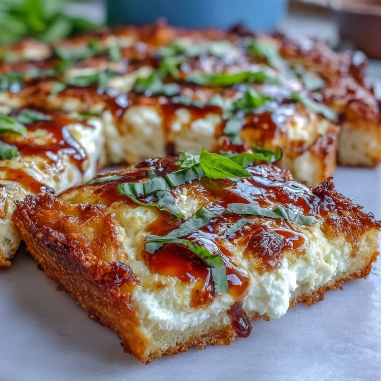 A close-up slice of Hot Honey Ricotta Pizza shows fluffy, crisp crust and melted cheese under a glossy honey drizzle.