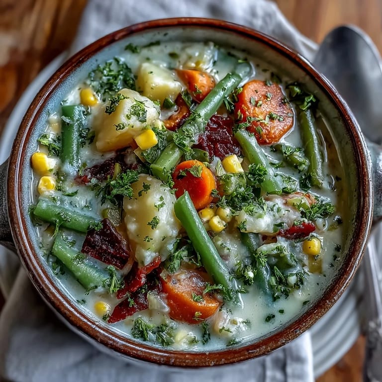 Thyme-scented Amish Snow Day Soup ladled from a pot, surrounded by carrots, celery, and crusty bread.