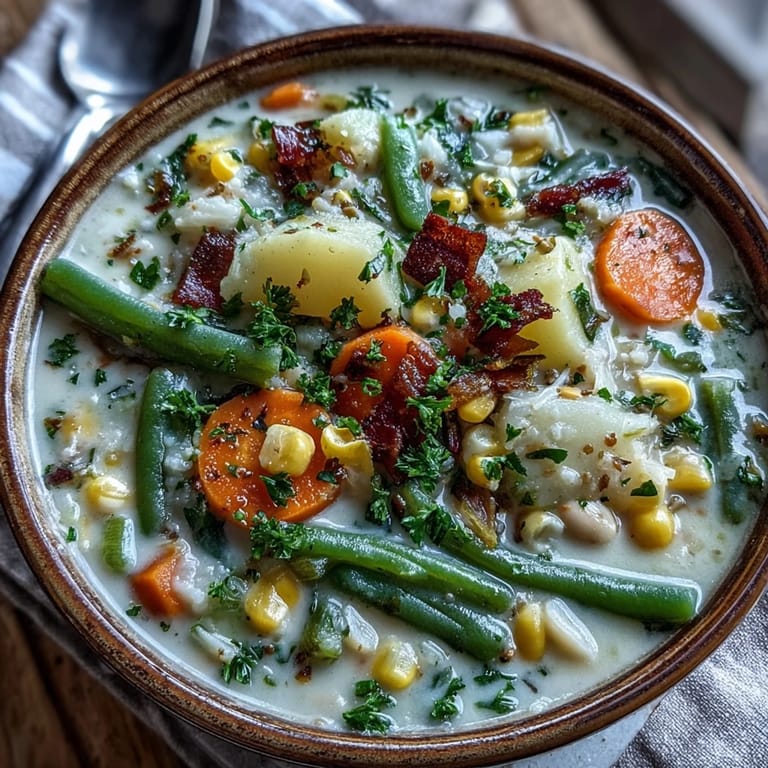 Velvety Amish Snow Day Soup served hot with heavy cream swirl, paired with a slice of toasted baguette.