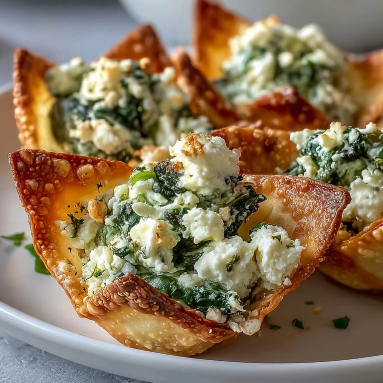 Savory Mediterranean Spinach and Feta Cheese Crisps made with wonton cups and herbs, served warm on a rustic wooden board.