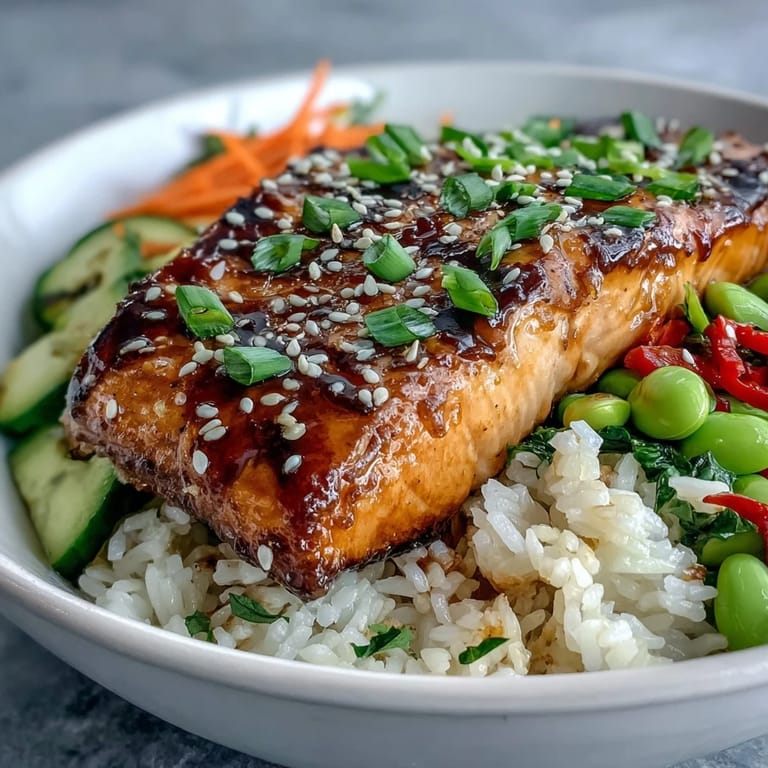 A close-up of a freshly baked Asian-Inspired Salmon Bowl garnished with lime wedges and sliced scallions, ready to serve.
