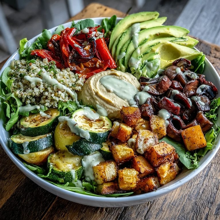 Dinner ready in 50 minutes: colorful Vegan Mediterranean Buddha Bowl with olives, roasted veggies, and a dollop of hummus.