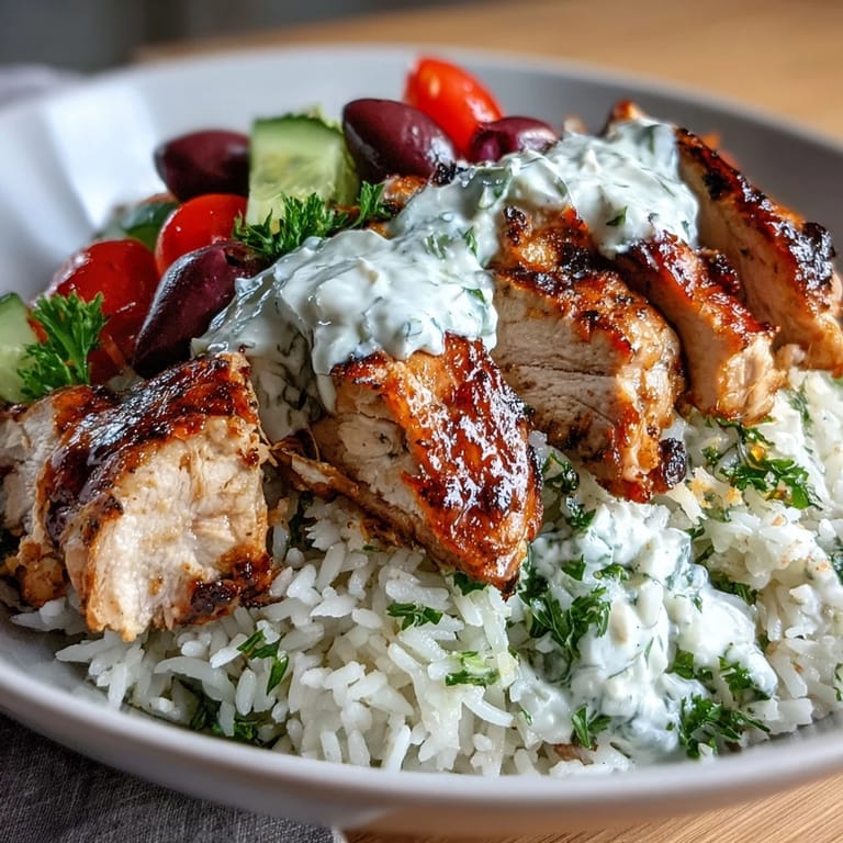 Sliced marinated chicken and fluffy rice in a Greek Chicken Bowl garnished with fresh dill and lemon wedges.