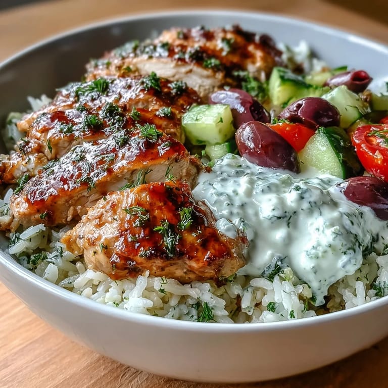 A Greek Chicken Bowl served with tomato-cucumber salad, feta, and tzatziki, perfect for a colorful Mediterranean meal.